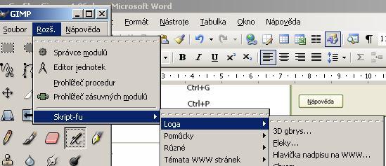 Zásuvné moduly (pluginy)- externí programy spouštěné pod kontrolou Gimpu, mnoho je součástí Gimpu, lze je libovolně tvořit,