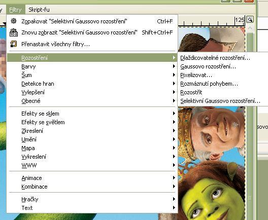 - škálování - náklon - perspektiva Text a písma Filtry Rozostření - dlaždicovité rozostření celý obrázek - Gausovo