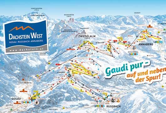 370 km od Prahy Dachstein West 142 km sjezdových tratí (34 km, 96 km, 12 km) Dachstein West o sobě hrdě a oprávněně říká, že je ideálním místem na lyžování pro celou rodinu.