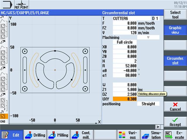 Příklad 5: Příruba 10.7 Podélná drážka a kruhová drážka Stiskněte programové tlačítko Frézování. Stiskněte programové tlačítko Drážka.