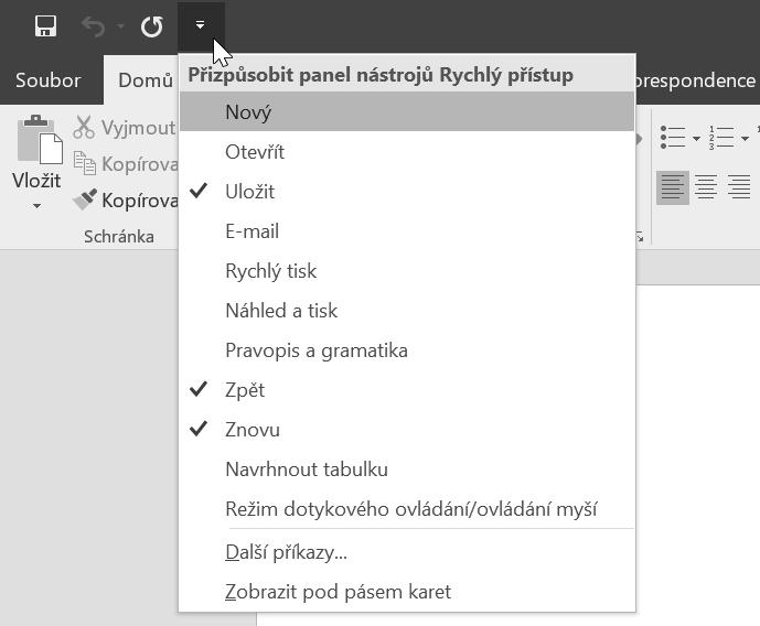 Word po spuštění Obrázek 1.4: Panel nástrojů Rychlý přístup Po klepnutí na Další příkazy se otevře okno Možnosti aplikace Word, kde úplně vpravo najdete seznam už používaných nástrojů.