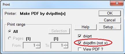 V otevřeném okně pak už jen uživatel zaškrtne položku dvipdfm a volitelně položku View PDF, čímž může