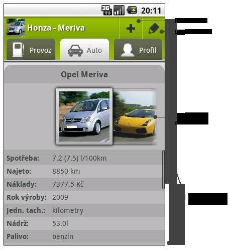 3.3.2 Záložka Auto Na obrázku 3.5 je popsáno uživatelské rozhraní záložky Auto, která slouží ke správě automobilů uživatele a k vybrání automobilu, jehož provoz má být zobrazen v první záložce.