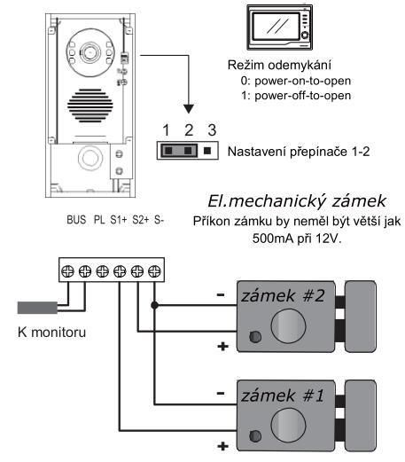 2.5 Vzorové zapojení zámku Jedno a dvou tlačítkové dveřní stanice (např. DPC-D241) (pozn. některé modely, např.
