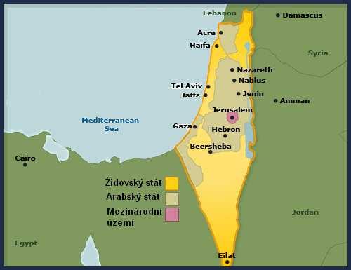 Obr. 16: Územní rozdělení Palestiny dle rozhodnutí OSN z roku 1947 Zdroj: Vlastní modifikace dle www.tlt.psu.edu Židovskému státu připadlo 56 % území o rozloze 14 300 km 2.