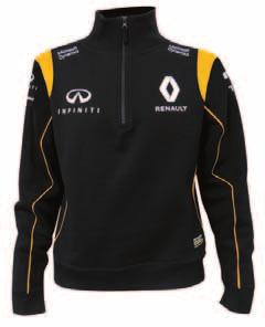 KOLEKCE REPLICA Mikina 65% bavlna, 35% polyester. 320 g/m². Flauš. Mírně vypasovaný střih. Límec na zip. Kontrastní ramena. Potisk logem Renault a logy sponzorů. Tkaný štítek francouzská trikolóra.