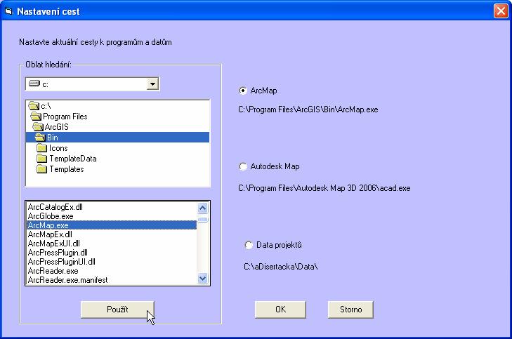 Obr. 5 : Dialogové okno Nastavení cest 3 Funkčnost programu Program spouští pomocí funkce Shell pro vybranou testovací úlohu buď Autodesk Map nebo ArcGIS software s parametrem názvu souboru projektu.