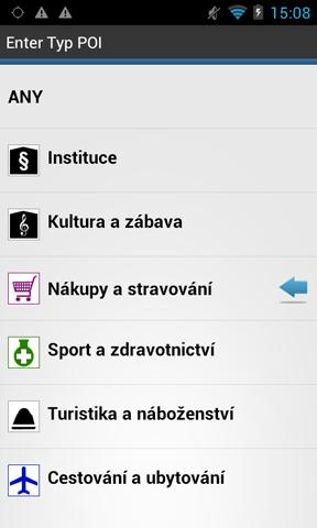 23 Navigator pro Android Nyní mužete vybrat typ POI, který hledáte, nebo můžete hledat ve všech