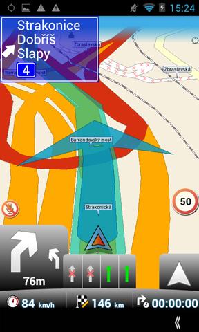 Práce s Navigátorem 3.2 Navigace Po nalezení vašeho cíle a kliknutí na Naviguj jste přešli do navigačního módu. Vaše cesta je zvýrazněná na mapě.