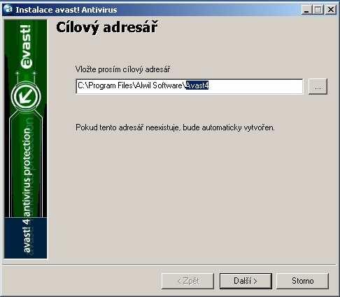 2) Volba adresáře, do kterého se avast! nainstaluje.