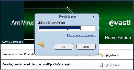 7) Po konfiguraci požaduje avast! registrační klíč. Je možné jej provozovat 60 dní bez omezení jako zkušební verzi.
