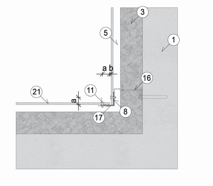 19 Montáž na hliníkový rošt pomocí nýtů Horizontální řez vnějším rohem 7 EPDM podkladní páska 30 mm 8 EPDM podkladní páska