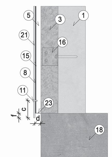 100 mm d Přívod vzduchu min. 200 cm 2 /m f Přesah fasádní desky max. 55 mm Vertikální řez v oblasti střechy 8 EPDM podkladní páska 11 Nýt Ø 4.