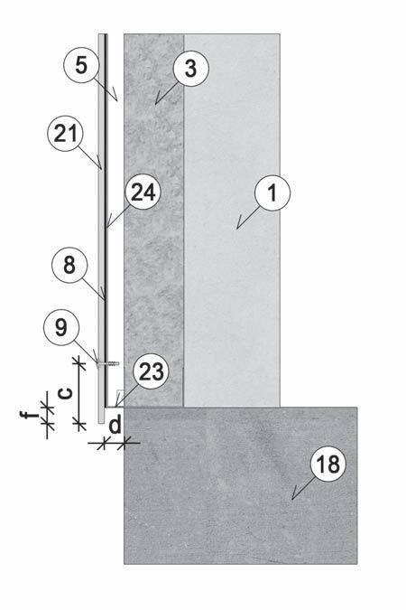 27 Montáž na ocelový rošt pomocí šroubů, nýtů Vertikální řez v oblasti soklu 8 EPDM podkladní páska 9 Šroub Ø 4,8 29 mm 18