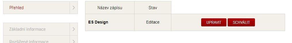 PUBLIKACE ZÁPISU Obrázek 14 Zápis ve stavu Publikováno Pokud designér provede změny poté, co je zápis publikován, změní se stav zápisu na Editace a pro zveřejnění změn je nezbytné zápis znovu odeslat
