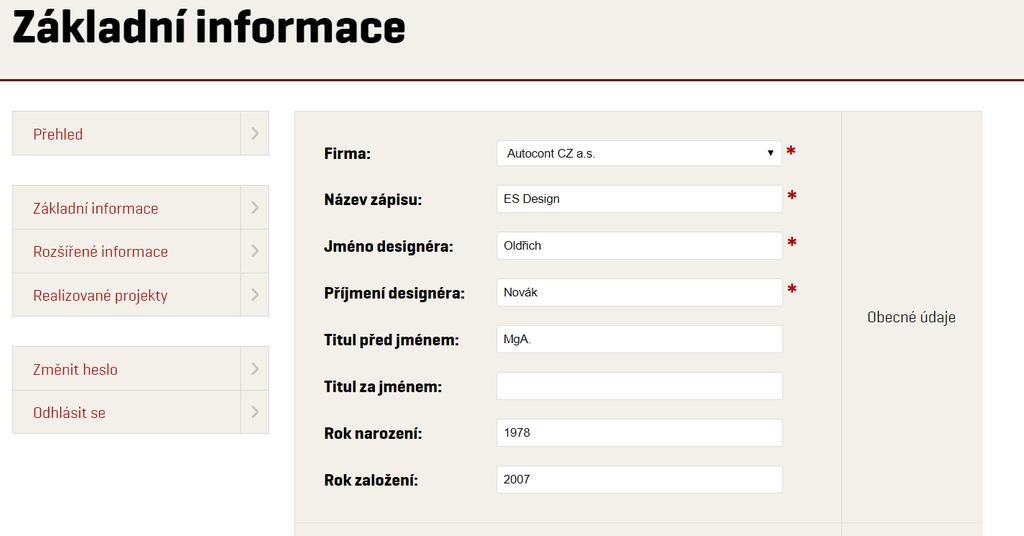 TVORBA OBSAHU Obrázek 6 Formulář o uživateli Firma pole je předvyplněné, a to na základě údajů zadaných při registraci Název zápisu text, který se zobrazí v seznamu designérů pod fotografií viz