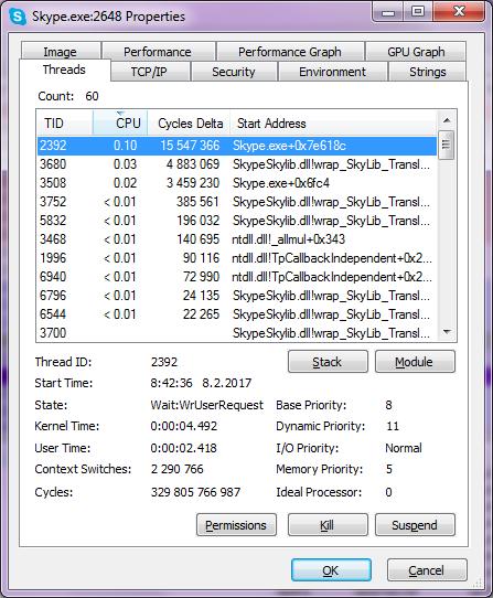 Kapitola 4 Správa procesů a služeb 71 Na obrázku 4.1 je právě karta Threads ve vlastnostech procesu Skype.exe.