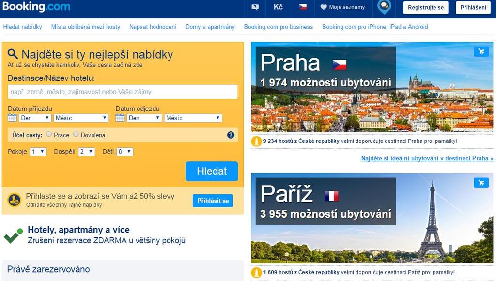 Pří zadání uživatelem hlavních požadavků ve vyhledávacím okně, je nutné stisknout tlačítko «hledat» a systém ihned zobrazí všechny možné varianty, které je možné uspořádat podle doporučení Booking.