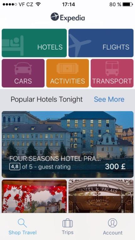 2.3.4 Mobilní aplikace Aplikace Expedia vypadá odlišné od Booking.com, při její spuštění by nejdříve uživatel měl být zaregistrovaný.