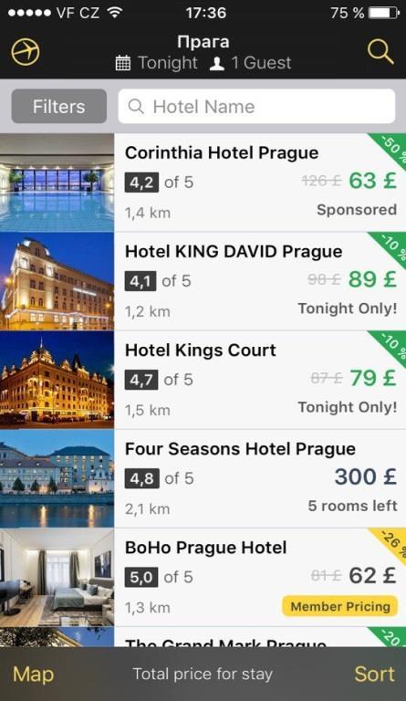 Dále pomocí geolokace se ukazují vysoce hodnocené hotely v oblasti klienta. Bohužel, při stažení nějaké konkrétní domény není možné změnit měnu nákupu.