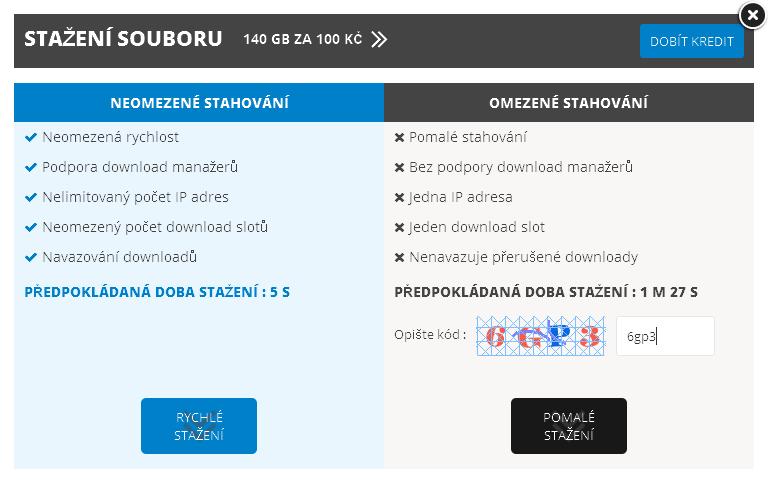 2. Zobrazí se před vámi okno Stažení souboru. Vpravo opište kód z obrázku a klikněte na tlačítko Pomalé stažení. 3.