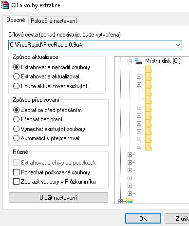 V dalším kroku nastavíme možnosti extrakce (rozbalování) souboru a jako cíl vybereme složku, kterou jsme si pro