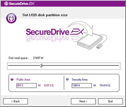 9. Jak je znázorněno v diagramu, úložná dat Data Safe III bude rozdělena na dvě sekce veřejnou a bezpečnou. 10. Kapacity obou sekcí mohou být nastaveny pomocí posuvného jezdce.
