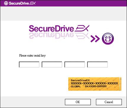 16. Objeví se autentifikační okno SecureDrive EX. Nalezněte prosím sériový klíč na žluté nálepce na poslední straně stručného návodu. Zadejte nelezený kód a stiskněte OK pro dokončení. 2.