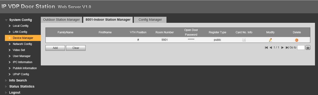 (SIP klienti na VTO2000) Přejděte do nabídky Device Manager do záložky 8001-Indoor Station Manager ve které vytvořte uživatele 502, 503.