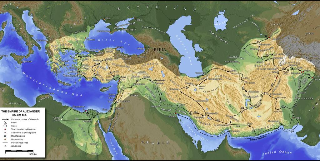 Alexandrova tažení 12) Mapa, na níž je vyznačeno Alexandrovo tažení v letech 334 324