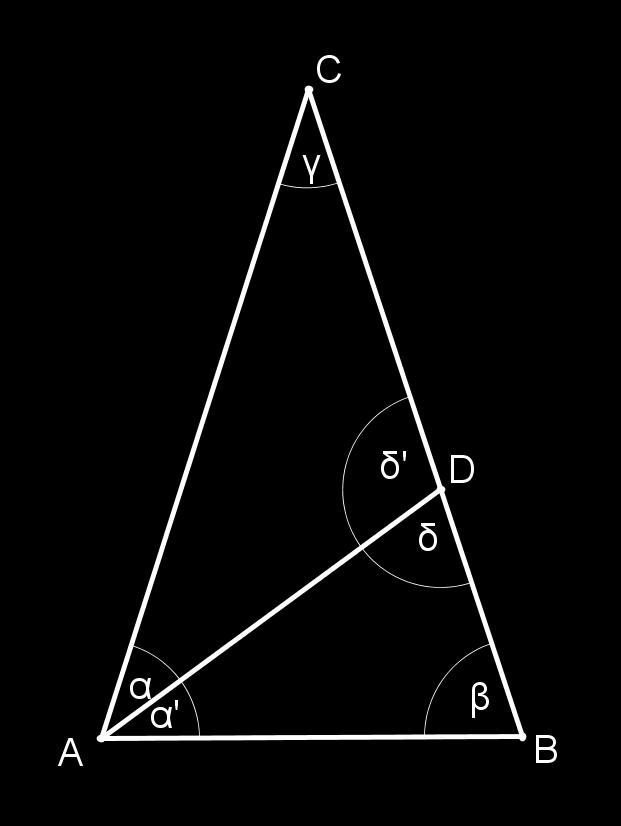 10 Určete velikost γ. Situaci zobrazuje obrázek. Protože dle zadání platí, že AD je osa úhlu vnitřního úhlu BAC a AD = DC = AB, takže trojúhelníky ACD a BDA jsou rovnoramenné.