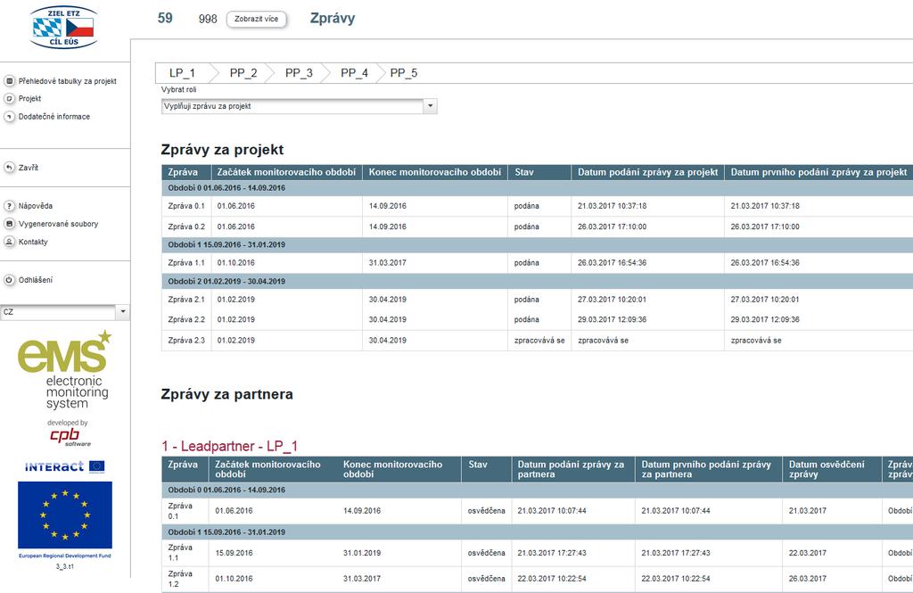 3 VYHOTOVENÍ ZPRÁVY ZA PROJEKT V ems Tento oddíl je relevantní pouze pro vedoucího partnera projektu, neboť pouze vedoucí partner vyhotovuje zprávu za projekt.