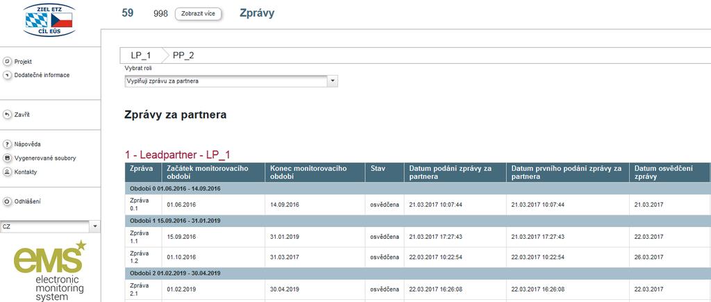 2 VYHOTOVENÍ ZPRÁVY ZA PARTNERA V ems Pro vyhotovení zprávy za partnera se přihlašte v ems a otevřete svůj projekt. Pokud jste Vedoucím partnerem, je třeba vybrat vaši roli.