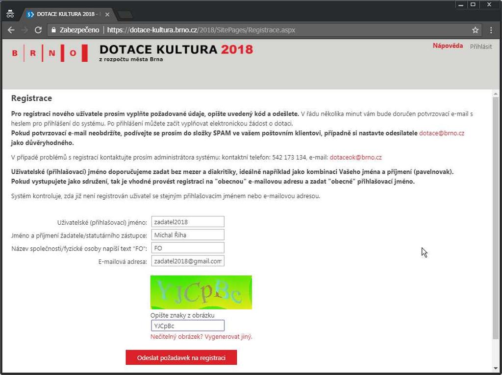 2. REGISTRACE ŽADATELE DO SYSTÉMU Pro vyplnění žádosti je nejprve nutné se do systému registrovat (registrací žadatel získá přihlašovací jméno a heslo, se kterým se přihlašuje do zabezpečené části