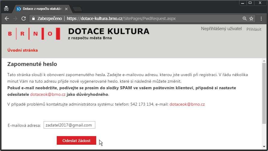 5. OBNOVA ZAPOMENUTÉHO HESLA Pokud zapomene své heslo, je možno použít formuláře na obnovu hesla, dostupného na úvodní stránce pro nepřihlášené uživatele.