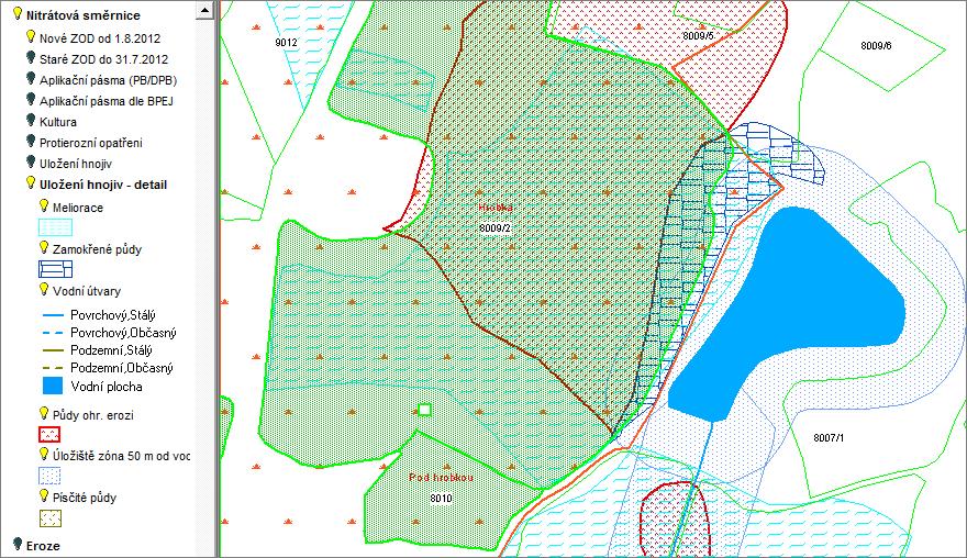 4.4.3 Zobrazení NS v mapě Nejpoužívanějším účelem zobrazení NS v mapě je hledání vhodných míst k uložení statkových hnojiv (polní hnojiště). Postup je následující: 1.