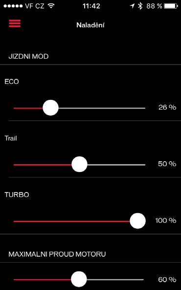 NALADĚNÍ MOTORU. Individuální nastavení pro Eco / Trail / Turbo; vyšší mód nemůže být pod úrovní nižšího (např. Trail nemůže být níže než Eco) () 2.