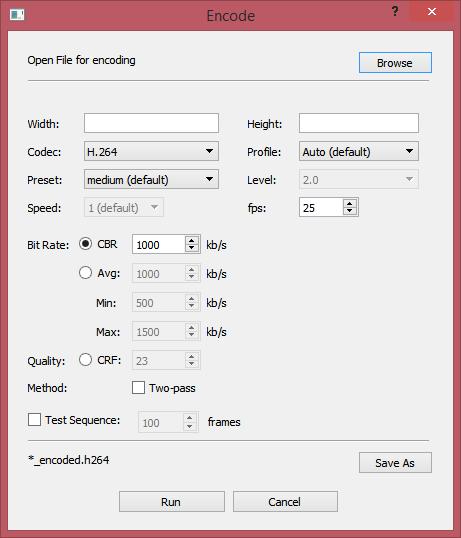 Obr. 4.2: Okno Encode pro kódování videa do požadovaných formátů. Okno Decode nabízí pouze dvě volby a to vstupní video soubor a umístění dekódovaného souboru.