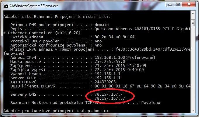 Vepíšeme IP adresu podle toho, jakou jsme zjistili příkazem: ipconfig. Příklad: zjistili jsme adresu počítače 192.168.1.100, pak změníme pouze poslední trojčíslí, například: 192.