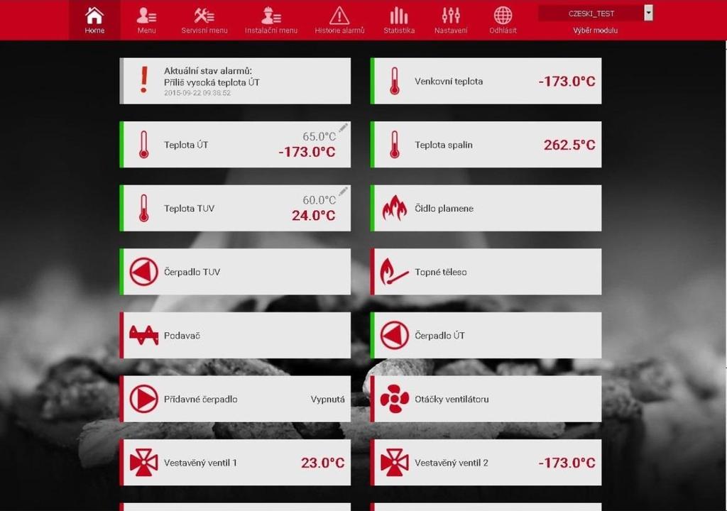 WIFI RS (CS-5060 RS) V.b) Hlavní stránka Klikem na záložku Home se zobrazí hlavní stránka. Na jednotlivých dlaždicích je vidět stav zařízení (v provozu, mimo provoz), úrovně teplot apod.