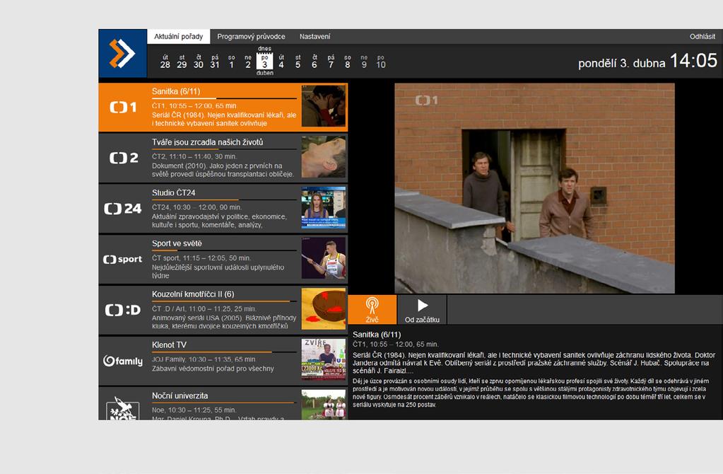4.3. Aktuální pořady V záložce Aktuální pořady, je seznam dostupných televizních stanic, informace o aktuálně vysílaných