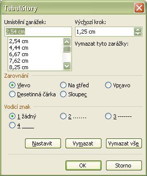 Tabulátory (str. 65-66) - dovolují zarovnávat (aretovat) přesně definované pozice na řádku (jen na horním pravítku). Tabulátory se vztahují k odstavci, u každého mohou být jiné.