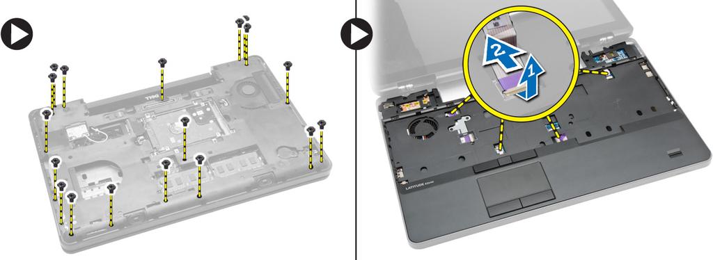 b. kabel multimediálních tlačítek [1] a [2] c. kabel dotykové podložky [1] a [2] d. kabel čtečky otisků prstů [1] a [2] 4. Postupujte takto: a.