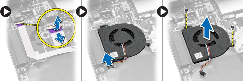 d. rám klávesnice e. spodní kryt f. baterie g. karta SD 4. Postupujte podle pokynů v části Po manipulaci uvnitř počítače. Demontáž systémového ventilátoru 1.