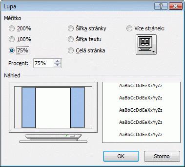 V případě že použijeme ze záložky Zobrazení tlačítko Lupa Můžeme použít další volby Šířka stránky zobrazí dokument v takové velikosti, kdy je využita maximálně šířka obrazovky.