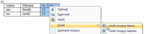 Vkládání a odstraňovaní sloupců a řádků v tabulce Obě operace jsou v zásadě stejné, liší se jen tím, jestli označíme řádek, nebo sloupec. Ukážeme si tedy nejdřív vložení nového řádku/sloupce.