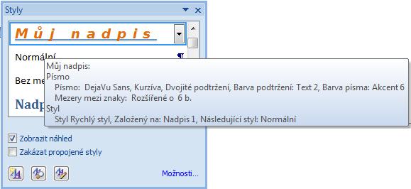 Vytvořili jsme si nový styl, který je odvozený od Nadpisu 1, má změněné písmo, je zvýrazněno kurzívou, dvojitým podtržením, které má modrou barvu a zvětšené mezery mezi znaky na 6 bodů.