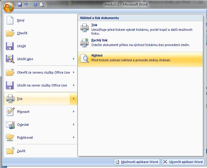 Náhled a tisk dokumentu Většina dokumentů vytvořených v aplikaci Word je určena k vytisknutí. Před samotným tiskem je ale vhodné použít náhled tisku. Důvodů je několik. První je úspora času.