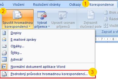 zobrazí se nám na okraji aplikace Word následující průvodce. Tento průvodce se nás bude postupně ptát na jednotlivé povinné kroky pro úspěšně dokončení hromadné korespondence.