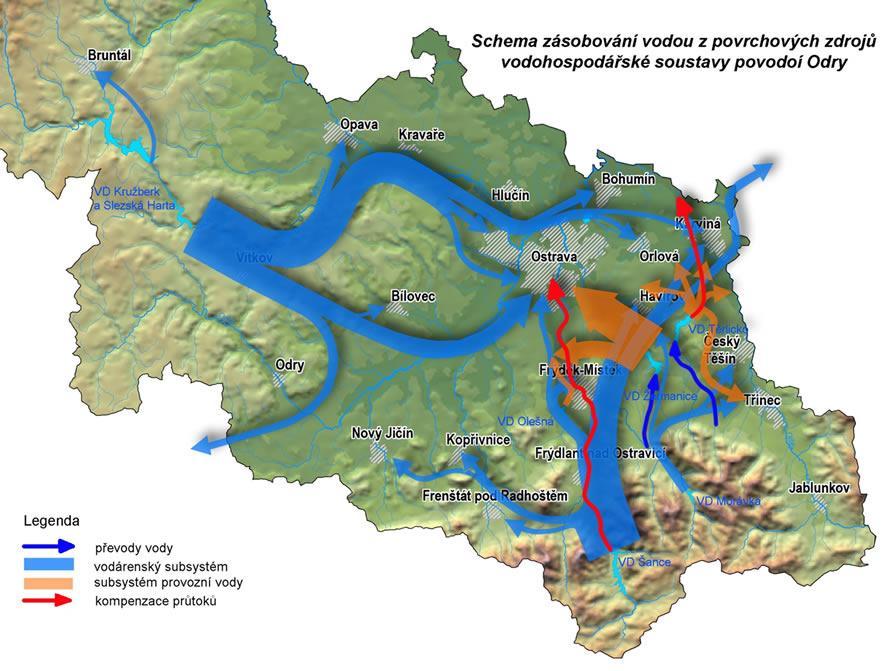 Obrázek 8 Schéma zásobování vodou z povrchových zdrojů povodí Odry Rozsah krizové situace na území MSK Ohrožené území a objekty Při výpadku dodávek vody z jedné vodárenské nádrže bude dodávka